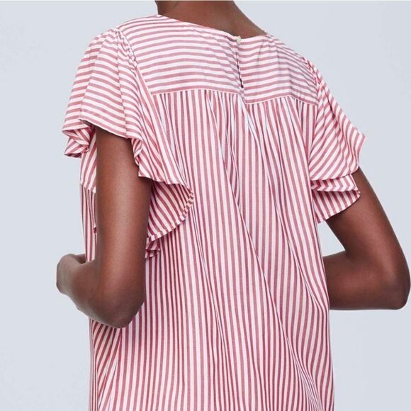 Loft Women's Red Striped Flutter Sleeve Rayon Blouse - Picture 2 of 16